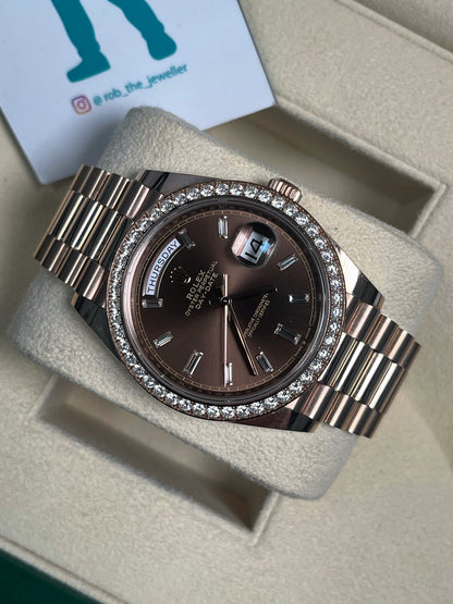 Rolex Day-Date Chocolate Dial Diamond Bezel Year: 2023