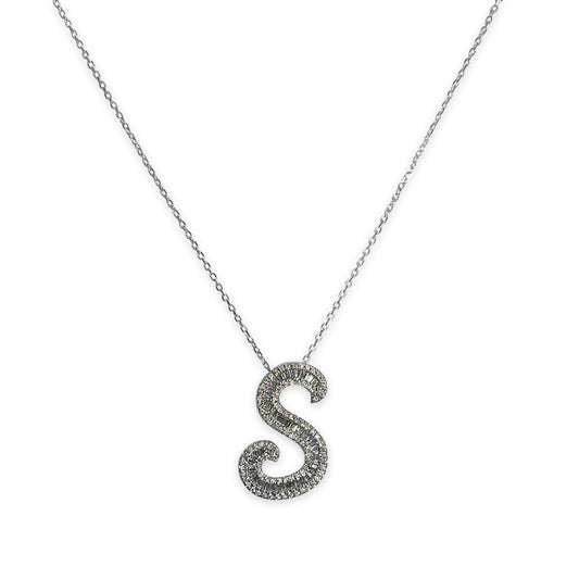 White Gold Baguette Initial Necklace